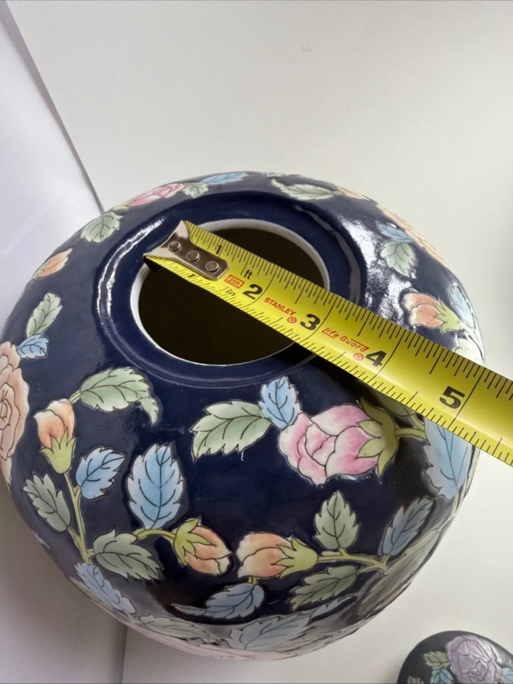 Vintage Chinese Ginger Jar with Lid Chinoiserie Flowers Large 12”